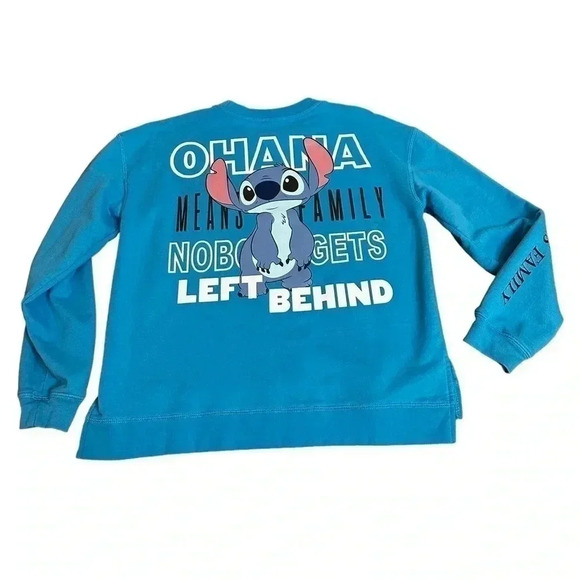 Disney Lilo & Stitch Ohana Embroidered Front Screen Print Back Sweater Juniors M - Picture 2 of 15